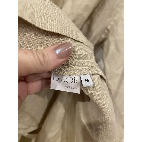 Len.Ok Robe Womens Medium Beige 100% Linen Belted Kimono Lightweight Lounge - Picture 2 of 3